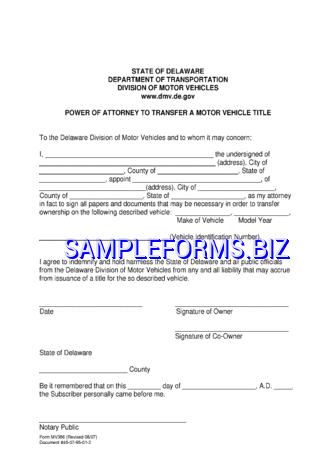 Delaware Power of Attorney to Transfer a Motor Vehicle Title Form pdf free